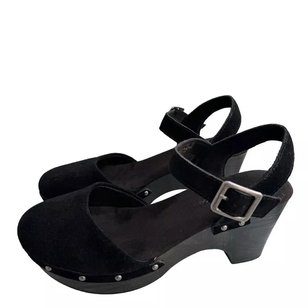 House of Harlow 1960 Black Suede Studded Clog Sandals Platform Ankle Strap Heels